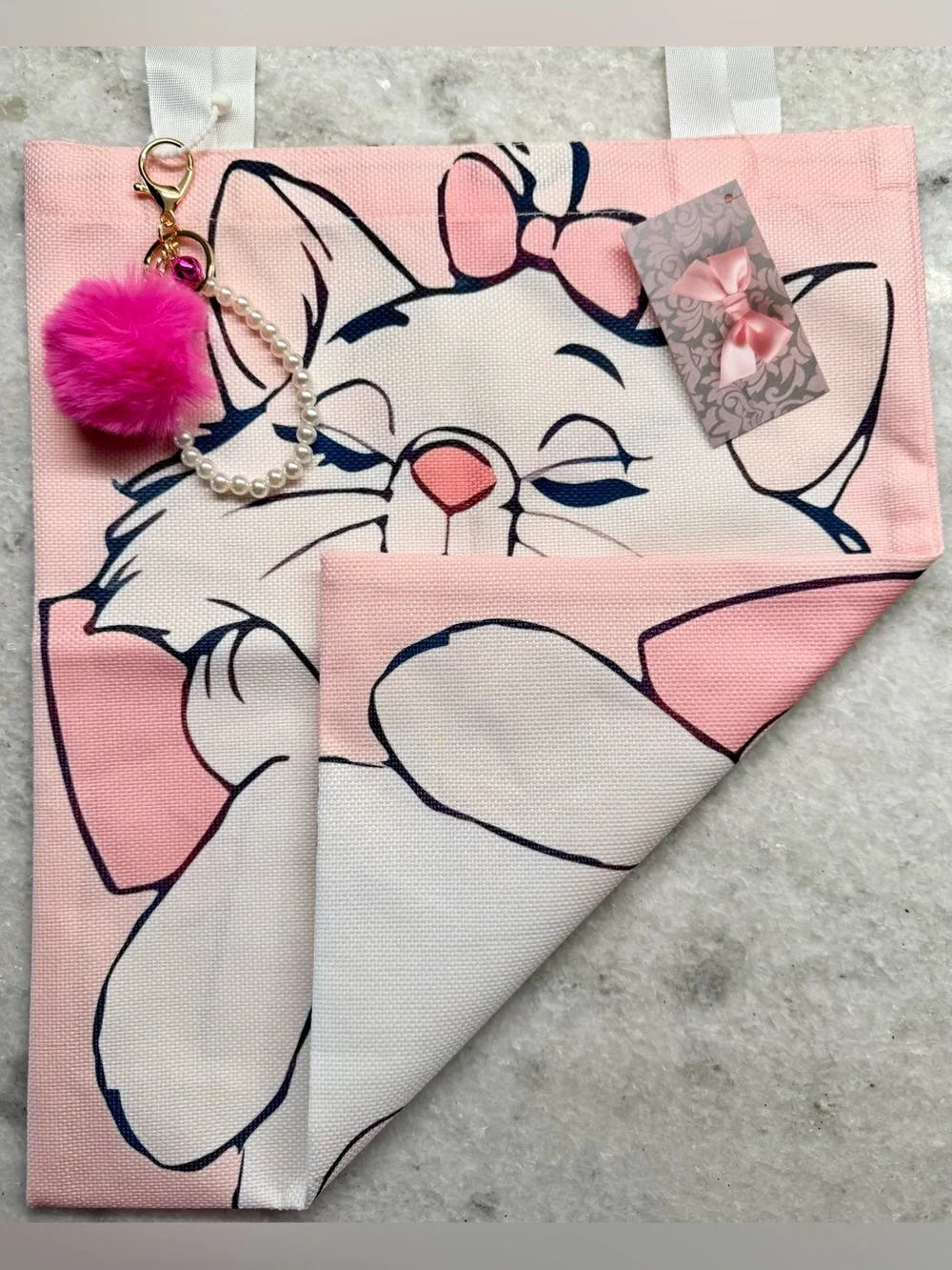 New Aristocats Marie White Cat Pink Shopping Bag Purse Tote w/ Charm - 16”